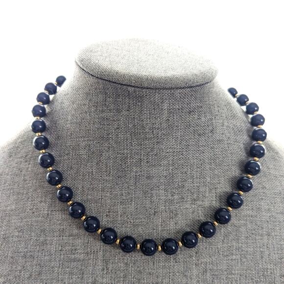 Vintage Monet Navy Blue Gold Classic Beaded Retro 50s Style Classic Necklace - Picture 1 of 4